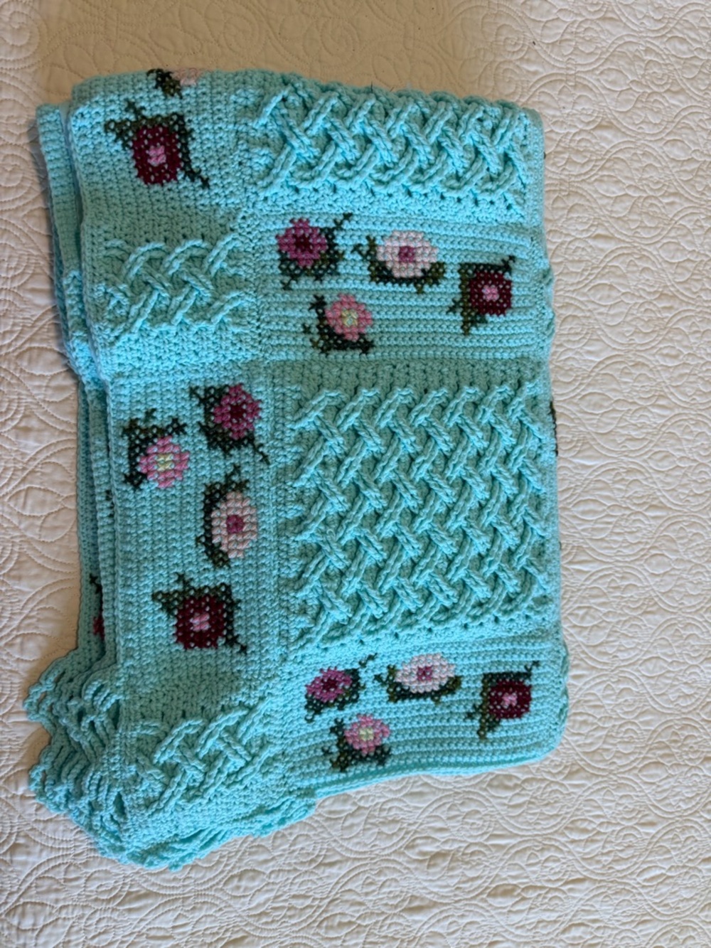 RARE Crocheted Lined Afghan Blue Basket Weave & Cross Stitch Flowers  76”x58”